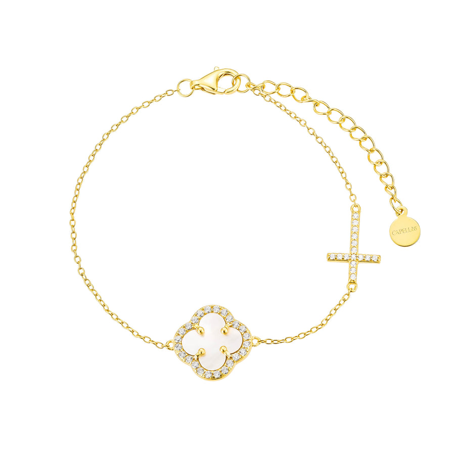 White Clover with Cross Gold Bracelet