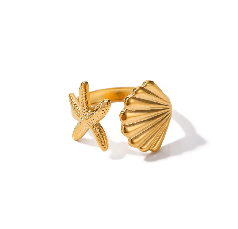 Golden Shore Starfish & Shell Ring