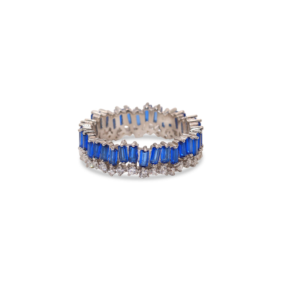 Sterling silver ring with blue baguette stones and cubic zirconia